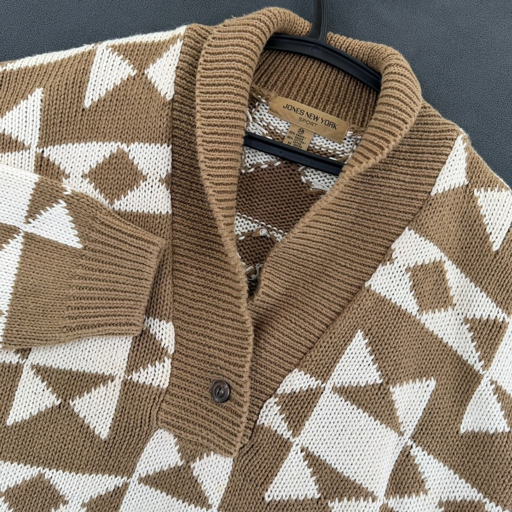 Vintage 90s Jones New York Geometric Shawl Collar Sweater Tan White Womens M